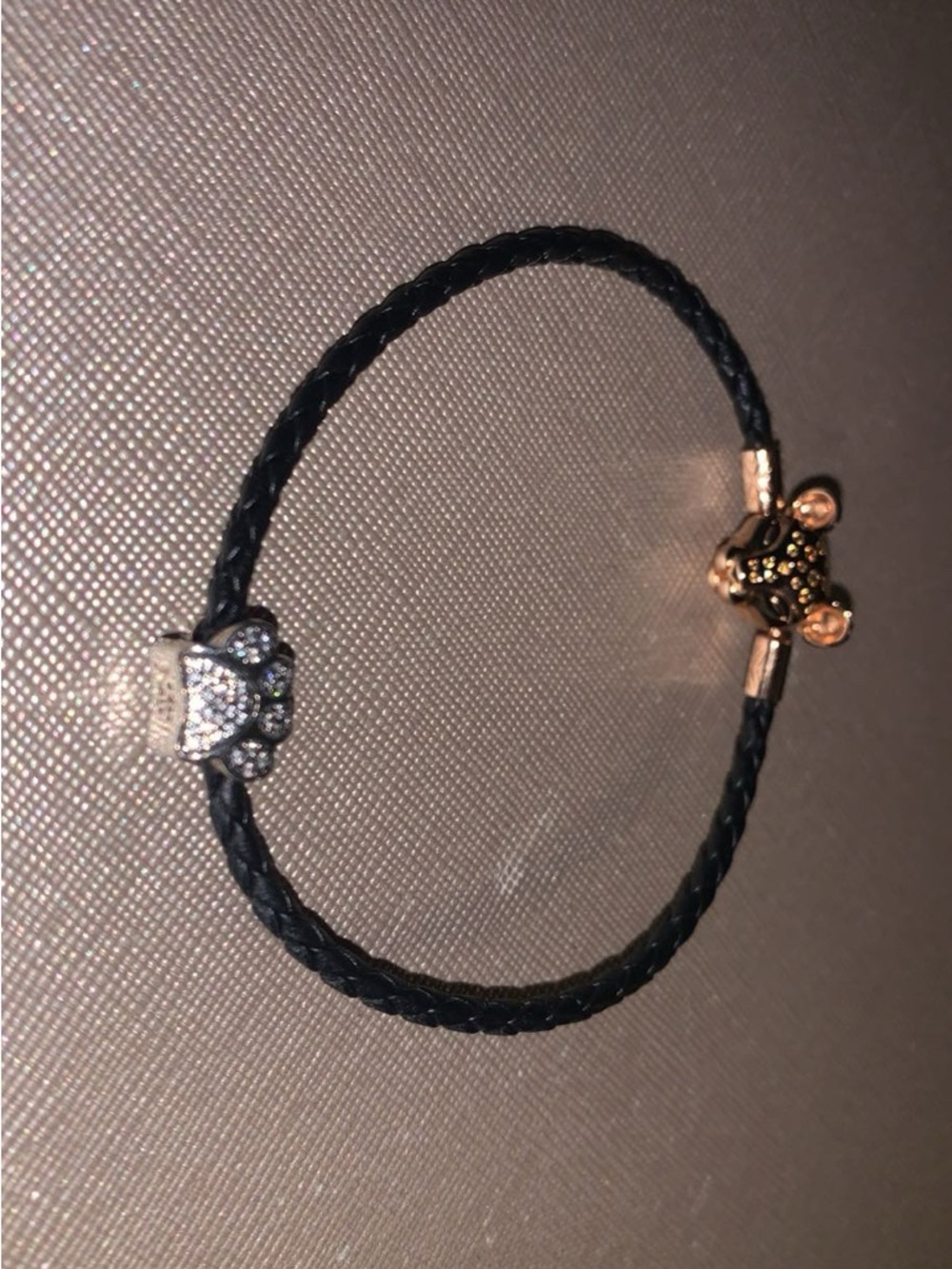 Black Braided Leather Bracelet with Crystal Paw Charm
